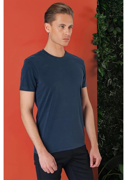 Slim Fit Bisiklet Yaka %100 Pamuk Lacivert Tişört Ts 878 fiyatları