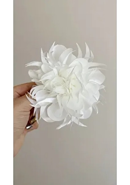 Saçaklı Kumaş Beyaz Çiçek Broş, Kumaş Gül Broş Yaka Iğnesi, Düğün Çiçek Gelin Çiçek