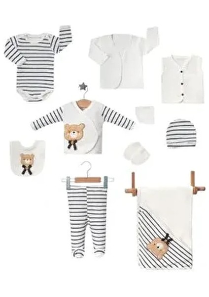 10.lu Sevimli Ayıcıklı Çizgili Bebek Hastane Çıkış Seti / Yenidoğan Bebek Kıyafeti