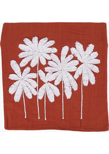 Terracotta Renk Pamuklu Çoklu Palmiye Nakışlı Kare Kırlent