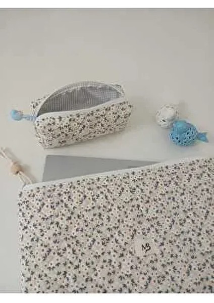 Krem Papatya Desenli Laptop - Kalem Çantası 2'li Set - 15 _16 Inç
