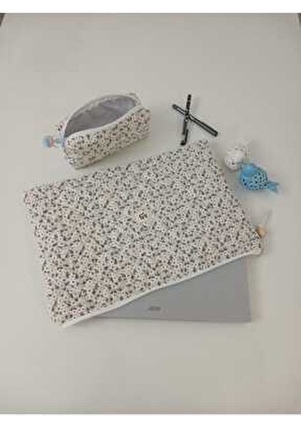Krem Papatya Desenli Laptop - Kalem Çantası 2'li Set - 15 _16 Inç modelleri
