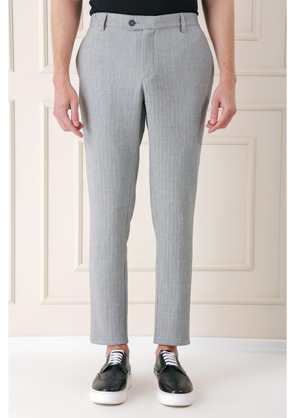 Comfort Fit Beli Lastikli Balıksırtı Dokuma Casuel Gri Pantolon P 1155