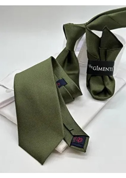 Haki Kendinden Desenli Klasik Mendilli Kravat