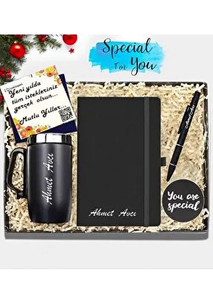 Kişiye Özel Deri Ajanda & Kişiye Özel Çelik Termos & Tükenmez Kalem & Bardak Atlığı Hediye Seti
