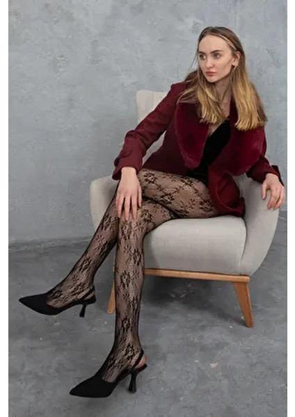 Dantelli Çiçek Desenli Lolita Siyah Kadın Külotlu Çorap