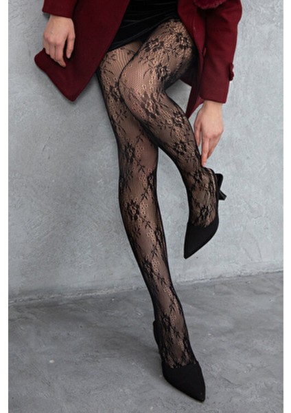 Dantelli Çiçek Desenli Lolita Siyah Kadın Külotlu Çorap modelleri