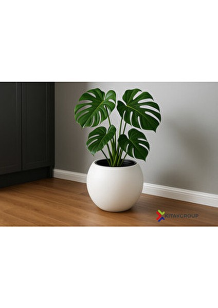 Küre Saksı Yuvarlak Saksı Modern Dekoratif Iç Hazneli Plastik 27 Litre Beyaz Renk