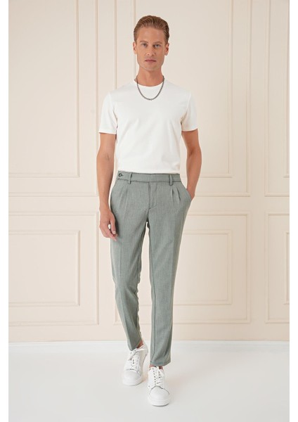 Comfort Fit Çift Pileli Dokulu Esnek Pamuk Yeşil Pantolon P 1158