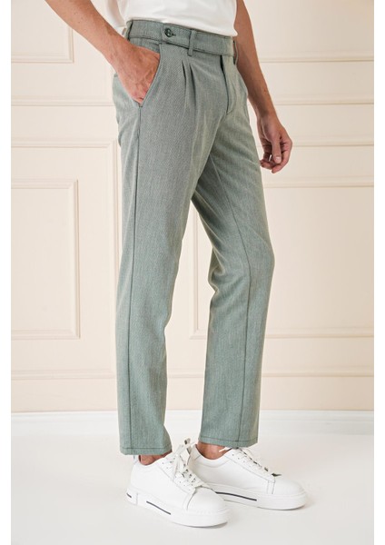 Comfort Fit Çift Pileli Dokulu Esnek Pamuk Yeşil Pantolon P 1158 modelleri