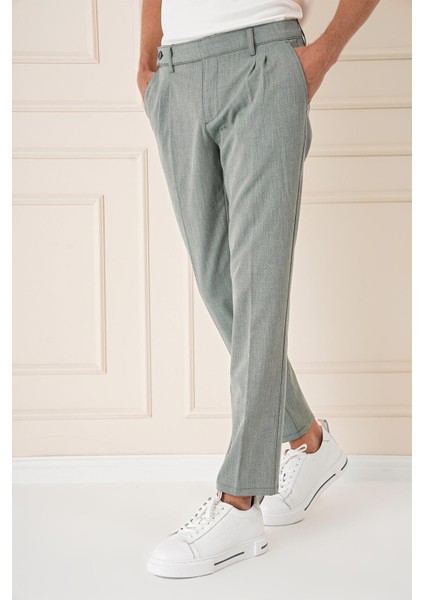 Comfort Fit Çift Pileli Dokulu Esnek Pamuk Yeşil Pantolon P 1158 fırsatları