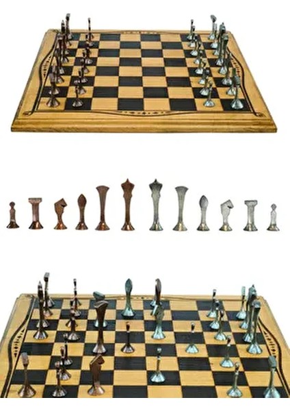 MC46 Büyük Boy Metal Satranç Takımı 37X37CM Doğal Ahşap Kayın Tahta – El Yapımı Antik Metal Taşlar
