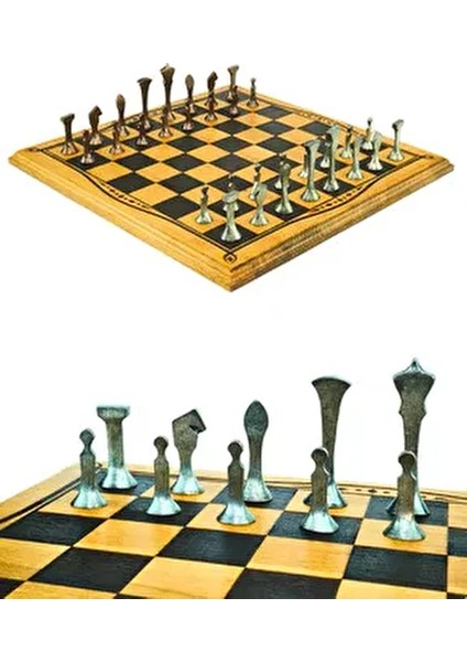 MC46 Büyük Boy Metal Satranç Takımı 37X37CM Doğal Ahşap Kayın Tahta – El Yapımı Antik Metal Taşlar fiyatları