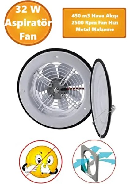 Kapaklı Havalandırma Aspiratörü 450 m3/h Güçlü Motor Beyaz Metal Vantilatör