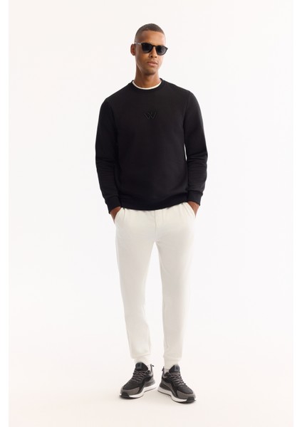 Erkek Siyah Bisiklet Yaka Pamuklu Şardonlu Baskılı Regular Fit Sweatshirt B001033