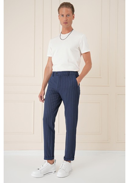 Comfort Fit Çizgili Gofre Kumaş Esnek Lacivert Pamuk Pantolon P 1157