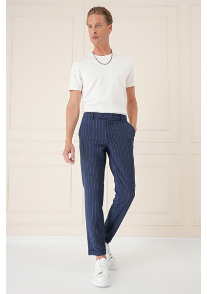 Comfort Fit Çizgili Gofre Kumaş Esnek Lacivert Pamuk Pantolon P 1157 fiyatları