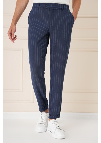Comfort Fit Çizgili Gofre Kumaş Esnek Lacivert Pamuk Pantolon P 1157 modelleri