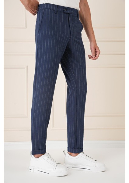 Comfort Fit Çizgili Gofre Kumaş Esnek Lacivert Pamuk Pantolon P 1157 fırsatları