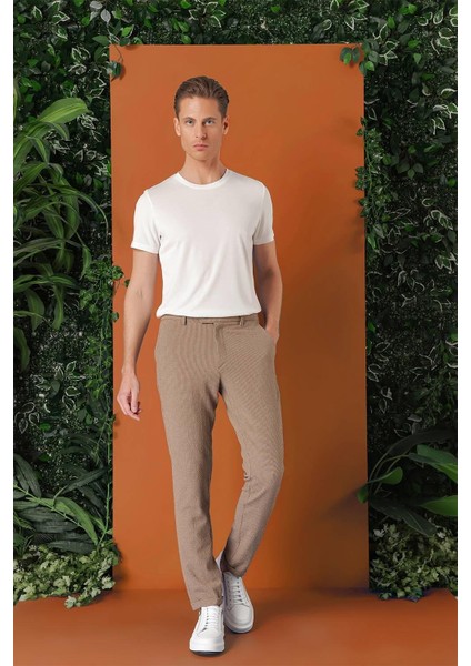 Comfort Fit Beli Lastikli Pötikareli Casuel Bej Pantolon P 1149