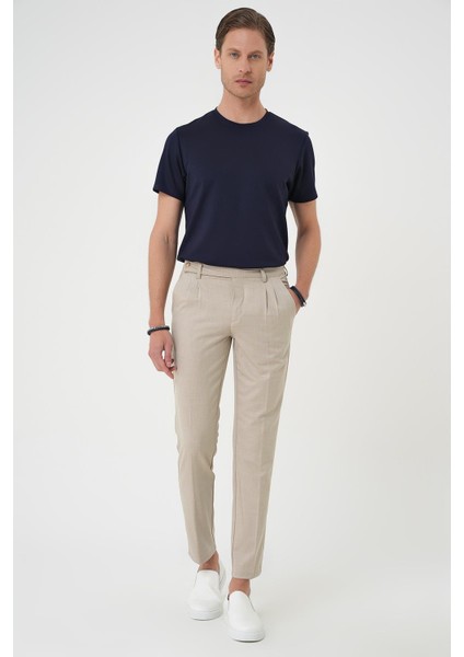 Comfort Fit Çift Pileli Dokulu Esnek Pamuk Bej Pantolon P 1158