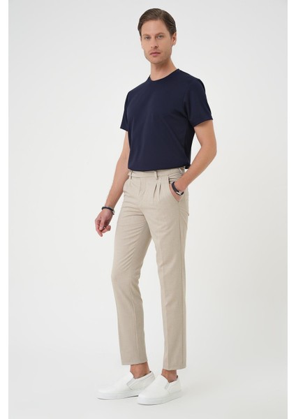 Comfort Fit Çift Pileli Dokulu Esnek Pamuk Bej Pantolon P 1158 fiyatları
