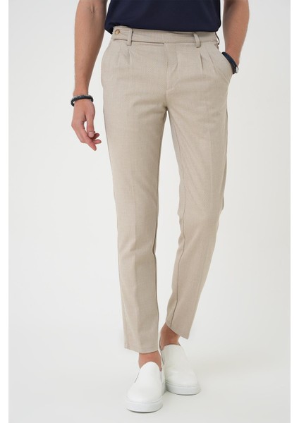 Comfort Fit Çift Pileli Dokulu Esnek Pamuk Bej Pantolon P 1158 modelleri