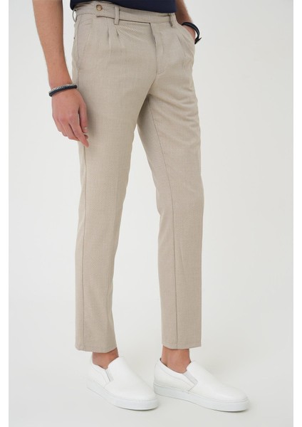 Comfort Fit Çift Pileli Dokulu Esnek Pamuk Bej Pantolon P 1158 fırsatları