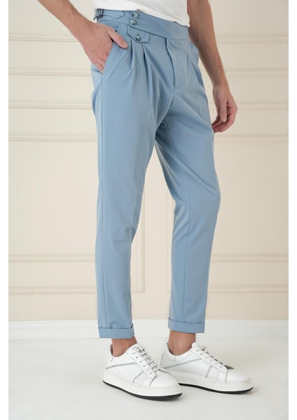 Comfort Fit Beli Tokalı Çift Pileli Havacı Mavi Jogger Pantolon P 1172 fırsatları
