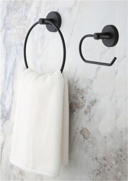 Mat Siyah Banyo Aksesuar Seti – Yuvarlak Havluluk ve Kapaksız Tuvalet Kağıtlığı, Şık ve Dayanıklı fırsatları