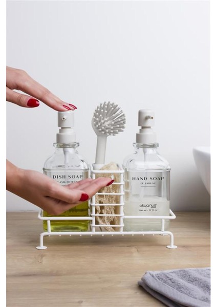 Kare Cam Tasarımlı, Beyaz Pompalı ve Fırçalı Standlı İkili Sıvı Sabunluk – Şık, Dayanıklı 500 ml