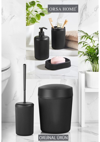 5'li Siyah Çizgi Desenli Dayanıklı Plastik Banyo Seti – Modern Tasarım ve Kolay Temizlenebilir Yüzey modelleri
