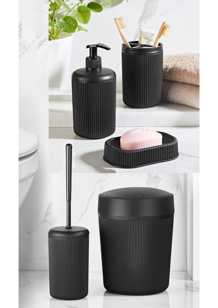 5'li Siyah Çizgi Desenli Dayanıklı Plastik Banyo Seti – Modern Tasarım ve Kolay Temizlenebilir Yüzey fırsatları