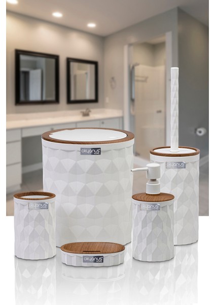 Diamond 5'li Beyaz Paslanmaz Çelik Banyo Seti – Ahşap Click Kapaklı Şık ve Dekoratif Tasarım fırsatları