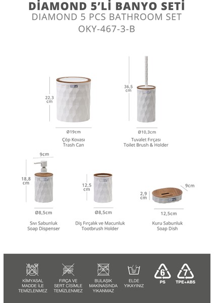 Diamond 5'li Beyaz Paslanmaz Çelik Banyo Seti – Ahşap Click Kapaklı Şık ve Dekoratif Tasarım indirimleri