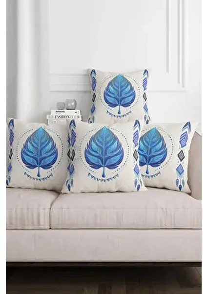 Etnik Bohem Mavi Yaprak Desen Bej Zemin Dijital Baskılı Dekoratif 4lü Kırlent Kılıfı Takım