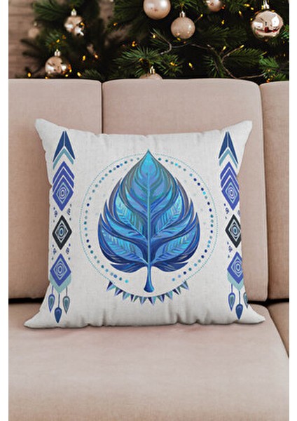Etnik Bohem Mavi Yaprak Desen Bej Zemin Dijital Baskılı Dekoratif 4lü Kırlent Kılıfı Takım fiyatları