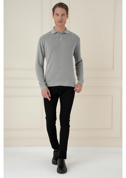 Fitilli Dokuma Düğmeli Polo Yaka Gri Triko Kazak Tr 887