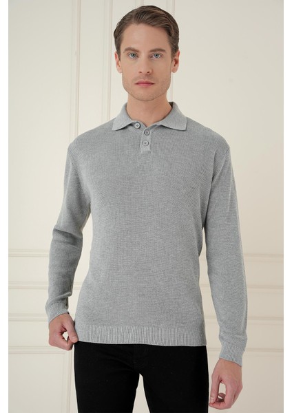 Fitilli Dokuma Düğmeli Polo Yaka Gri Triko Kazak Tr 887 fiyatları