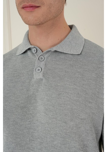 Fitilli Dokuma Düğmeli Polo Yaka Gri Triko Kazak Tr 887 fırsatları