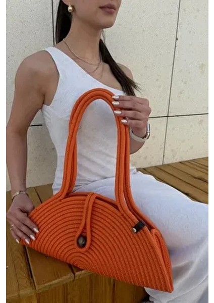 Mia Kadın Hasır Görünümlü Omuz Çantası Doğal Ahşap Boncuk Detaylı Basic Koleksiyon