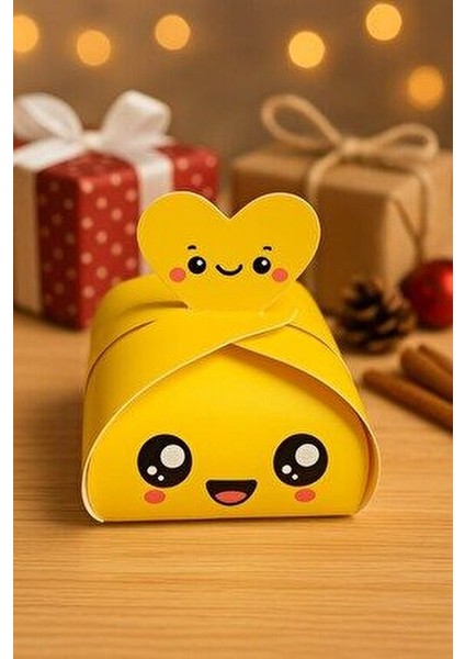 25'li Sarı Gülen Yüz Model Kalpli Lokum Kutusu - Emoji Kutu - Hediye Kutusu- Kına ve Çerez Kutusu