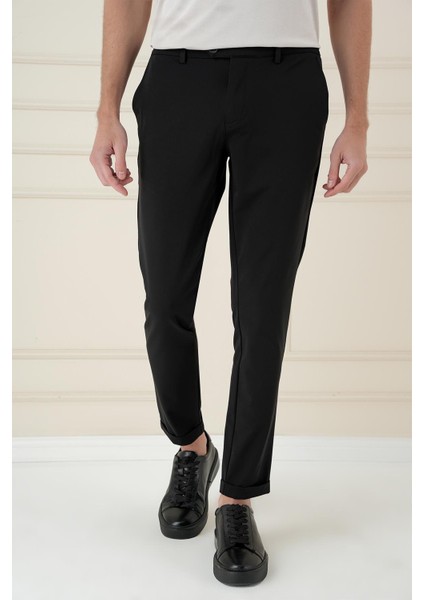 Comfort Fit Beli Lastikli Esnek Casuel Siyah Pantolon P 1173