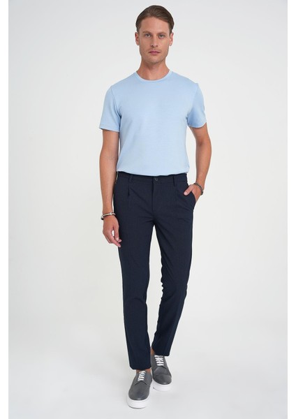 Comfort Fit Beli Lastikli Tek Pileli Dokulu Lacivert Pantolon P 1193