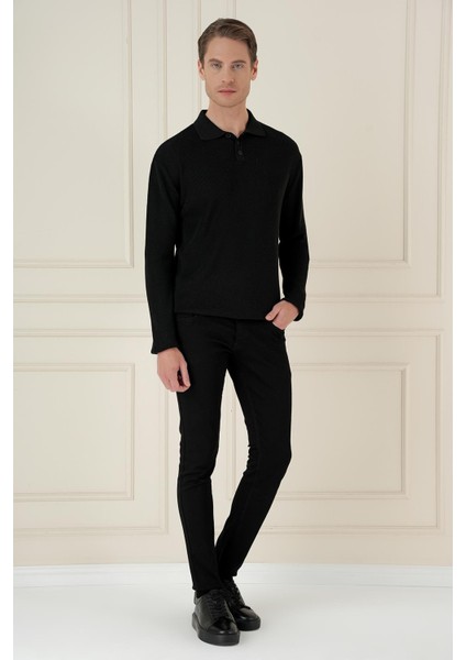 Fitilli Dokuma Düğmeli Polo Yaka Siyah Triko Kazak Tr 887