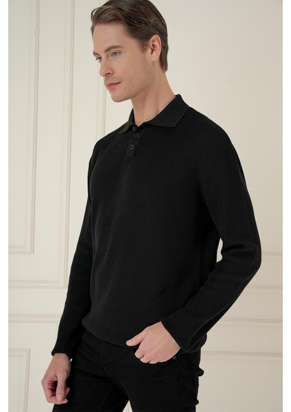 Fitilli Dokuma Düğmeli Polo Yaka Siyah Triko Kazak Tr 887 fiyatları