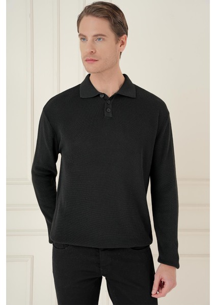 Fitilli Dokuma Düğmeli Polo Yaka Siyah Triko Kazak Tr 887 modelleri