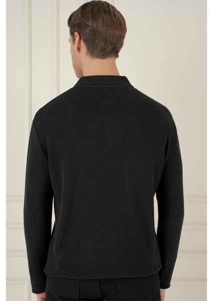 Fitilli Dokuma Düğmeli Polo Yaka Siyah Triko Kazak Tr 887 fırsatları