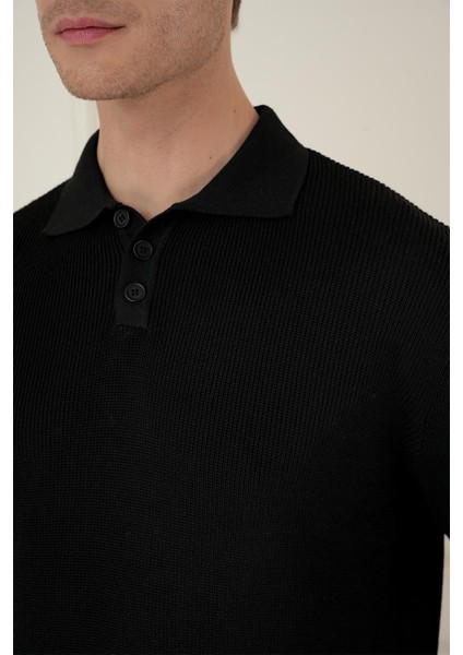 Fitilli Dokuma Düğmeli Polo Yaka Siyah Triko Kazak Tr 887 indirimleri