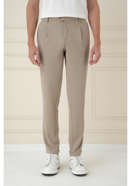 Comfort Fit Gofre Dokulu Beli Lastikli Pileli Bej Jogger Pantolon P 1174